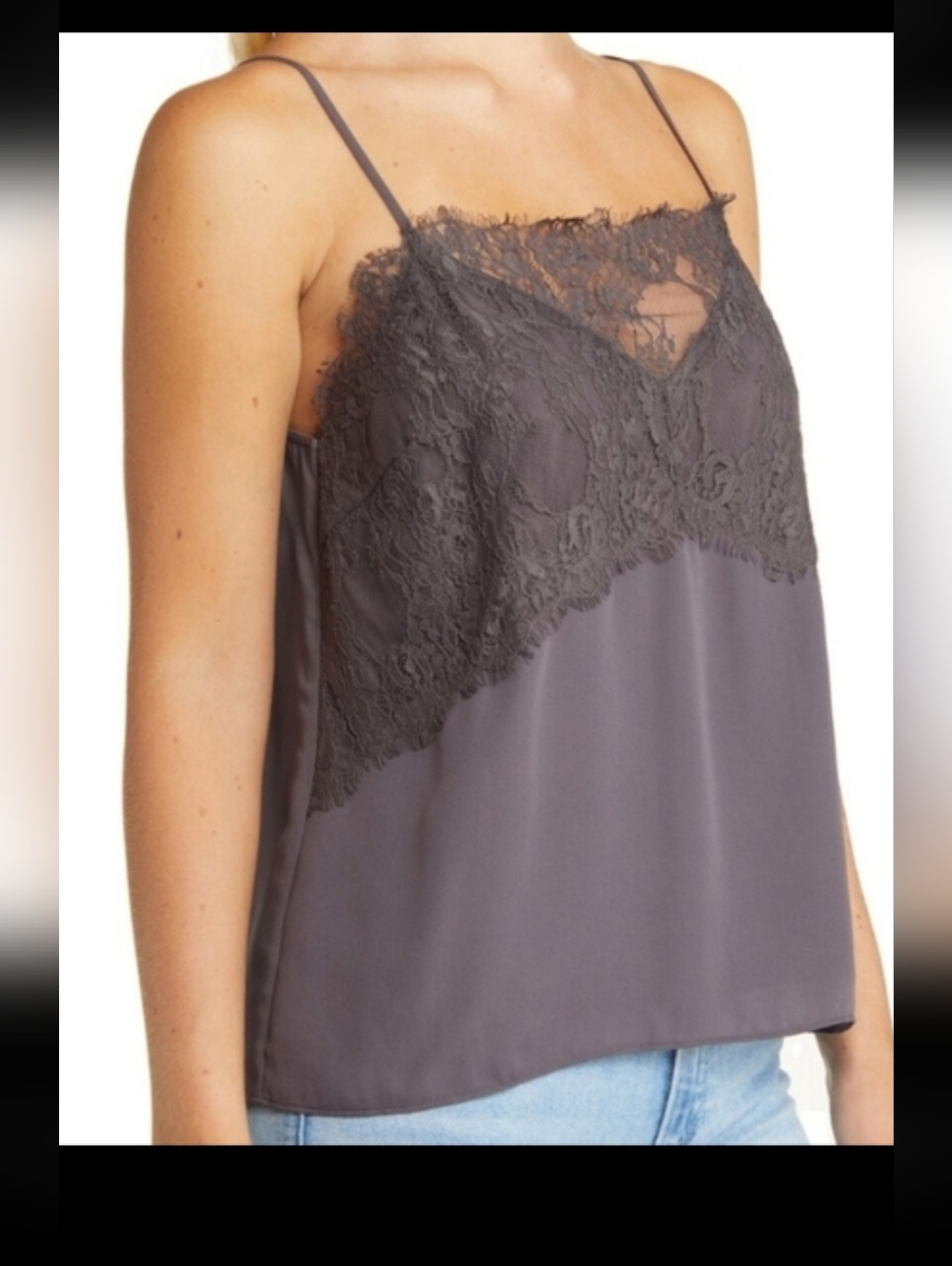All In Favor Womens Camisole Gray Smoke Lace & Crepe Adjustable Slim Straps